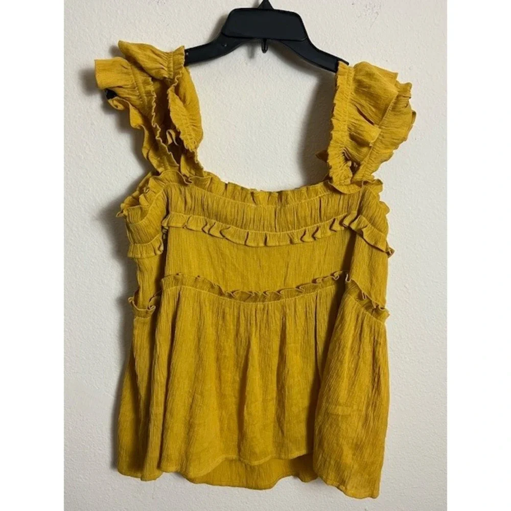 Yellow Ruffle Sleeveless Blouse Top Size L‎ Square Neck Summer Flirty - Picture 4 of 6